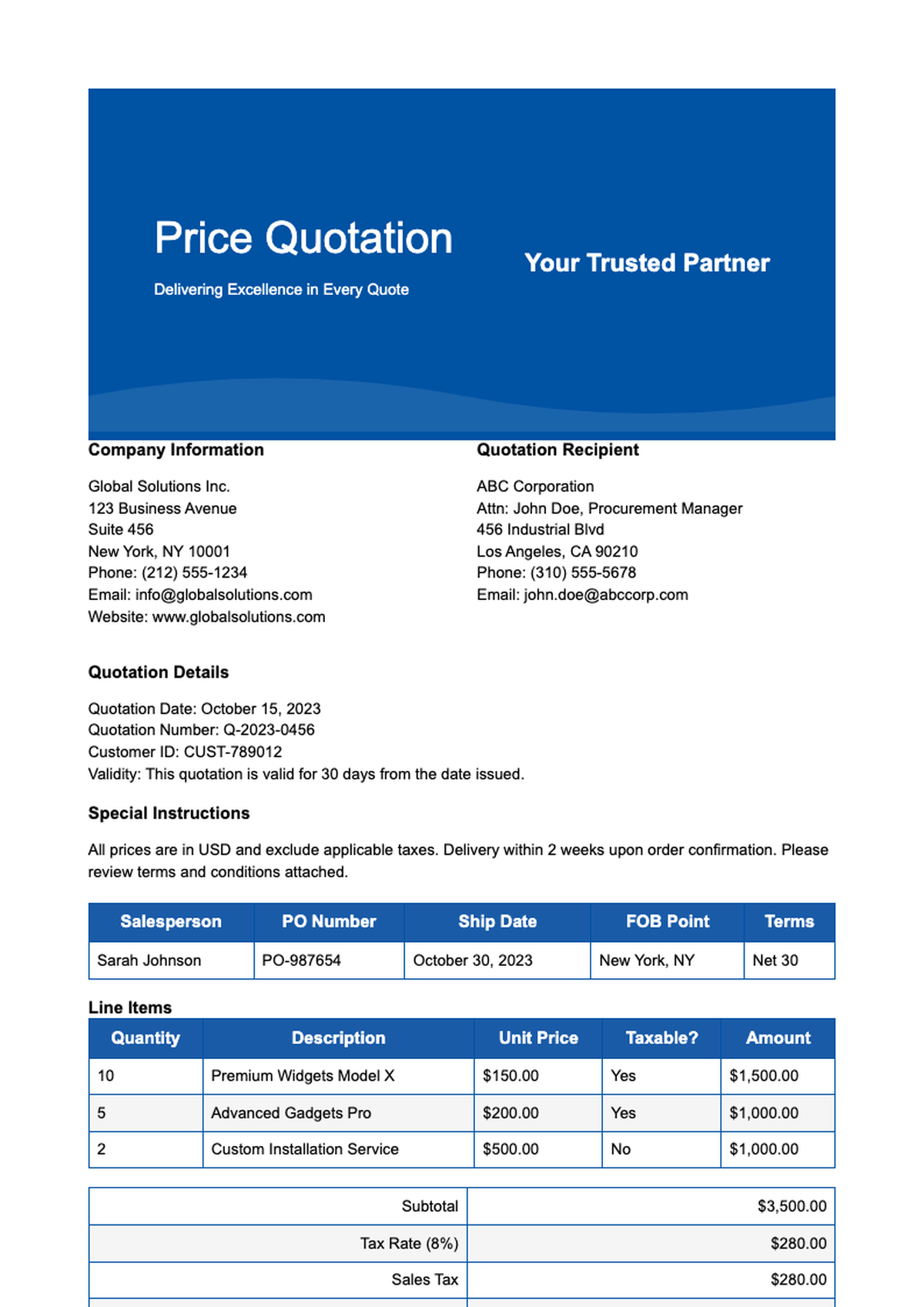 Professional blue themed quotation template with itemized pricing and tax calculation_variant_2